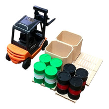 Load image into Gallery viewer, HO scale Warehouse Forklift Kit, Drums, Pallets, and Gaylords